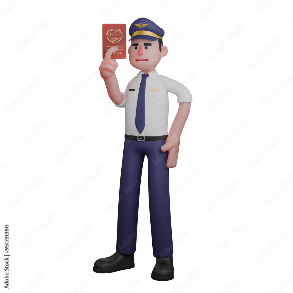 Professional 3D Pilot. A pilot is standing with his left hand on his waist while his right hand is holding a passport. Male Aviation Expert Professional 3D Pilot. A pilot is standing with his left hand on his waist while his right hand is holding a passport. Male Aviation Expert