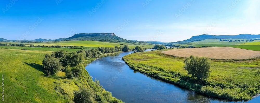 Rural river flowing through a lush landscape, natural beauty, peaceful countryside Rural river flowing through a lush landscape, natural beauty, peaceful countryside