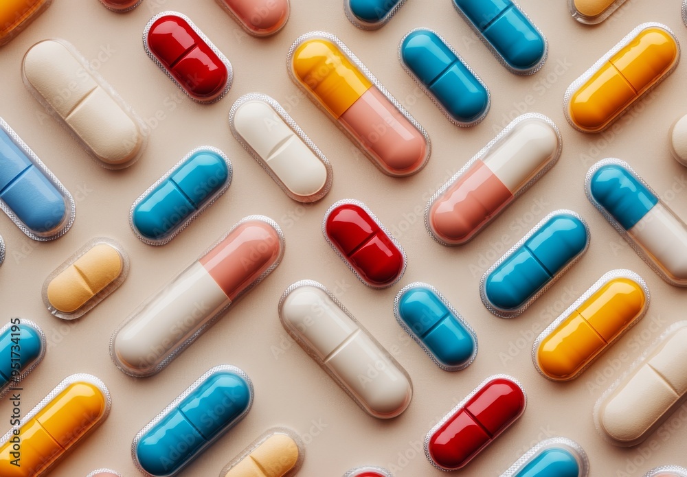 Various pills in trays on beige background, top view Various pills in trays on beige background, top view