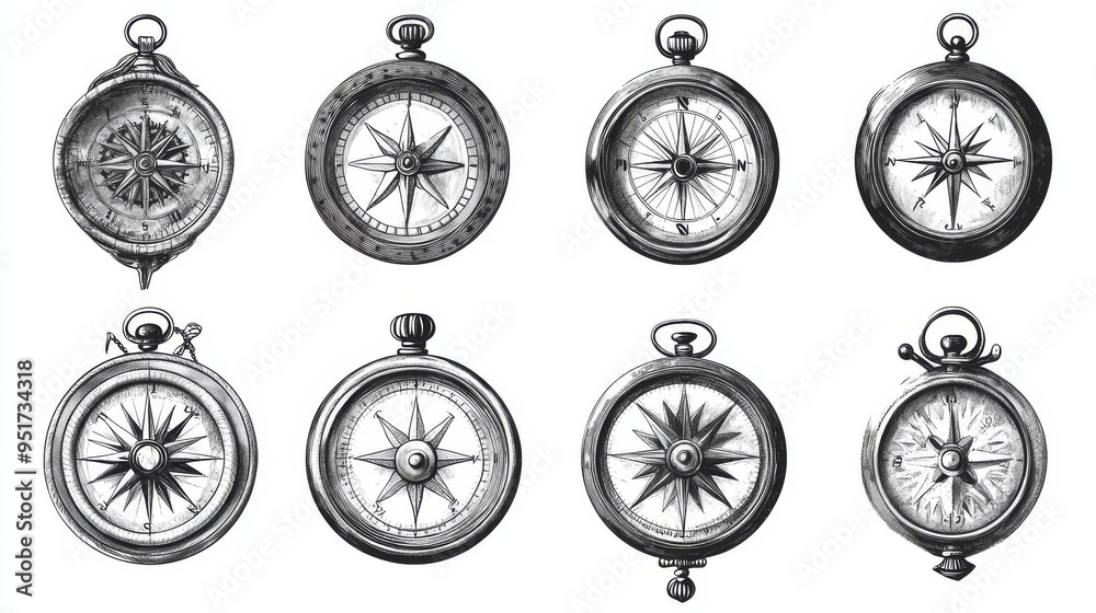 Black and white vector illustrations of antique compasses with ornate dials, perfect for use as design elements in vintage or retro nautical and marine themes. Black and white vector illustrations of antique compasses with ornate dials, perfect for use as design elements in vintage or retro nautical and marine themes.