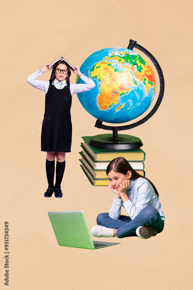 Vertical photo collage of two classmates school girls one look macbook elearn other nerd hold book shocked isolated on painted background Vertical photo collage of two classmates school girls one look macbook elearn other nerd hold book shocked isolated on painted background