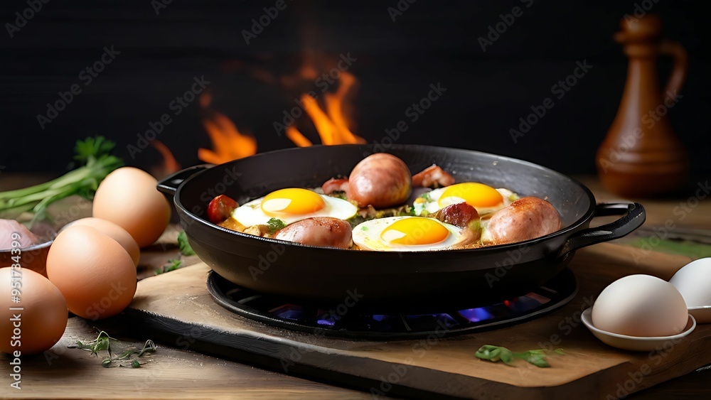 Eggs and sausages cooking in a pan Eggs and sausages cooking in a pan