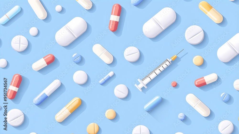pattern consisting of pills, capsules and syringes on light-blue background pattern consisting of pills, capsules and syringes on light-blue background