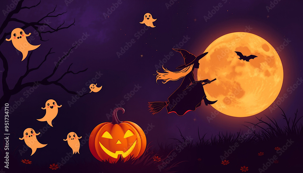 Halloween atmosphere background with witch ghost jack-o'-lantern moon in purple and orange colors Halloween atmosphere background with witch ghost jack-o'-lantern moon in purple and orange colors