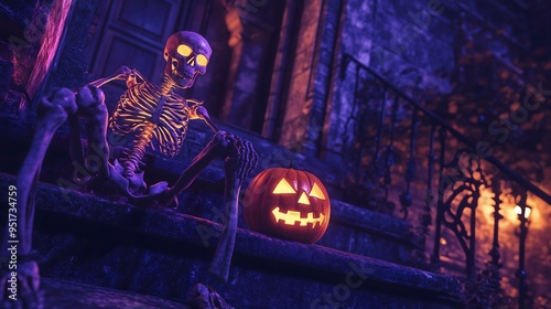 halloween themed skeleton and jack-o-lantern on the stairs of a haunted house photo