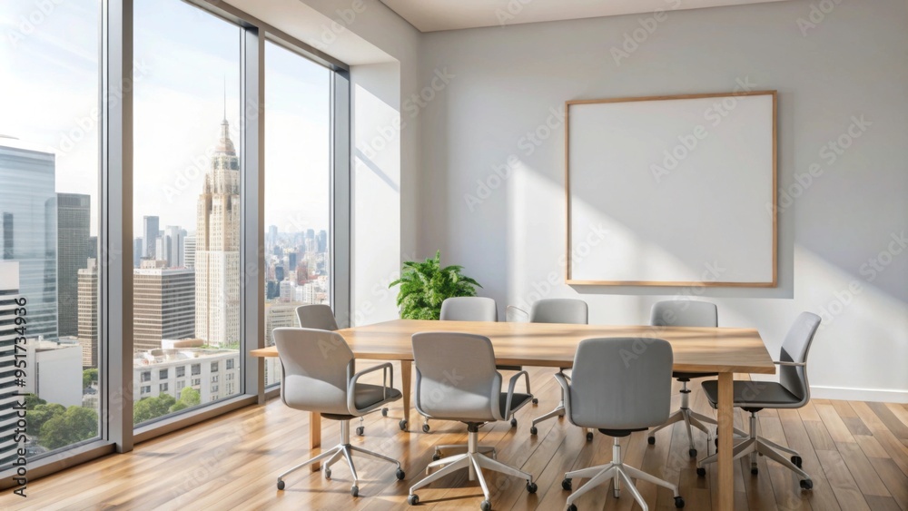 A modern office space features a bright meeting area with a large window offering a clear view of the city skyline. A modern office space features a bright meeting area with a large window offering a clear view of the city skyline.