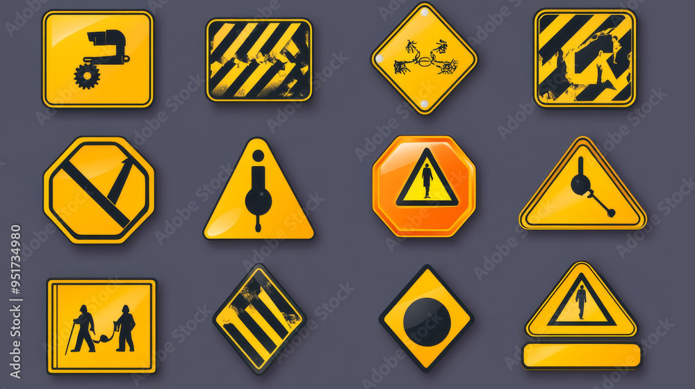 Vector signs and plates for warning, caution, and danger alerts, featuring yellow safety signs for hazard areas. Includes symbols for danger, shock, keep out, caution, and risk zones,. Vector signs and plates for warning, caution, and danger alerts, featuring yellow safety signs for hazard areas. Includes symbols for danger, shock, keep out, caution, and risk zones,.