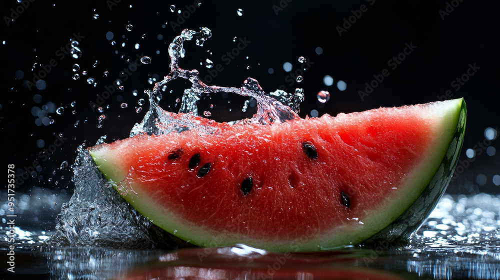 A watermelon slice surrounded by a splash of water, creating a refreshing, liquid effect. A watermelon slice surrounded by a splash of water, creating a refreshing, liquid effect.