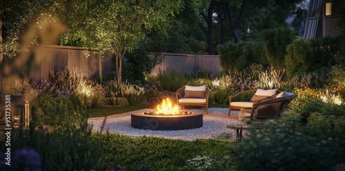 It is a tranquil evening, with a cozy outdoor fire pit glowing with golden embers, surrounded by comfortable seating and lush greenery, evoking a serene and inviting atmosphere.