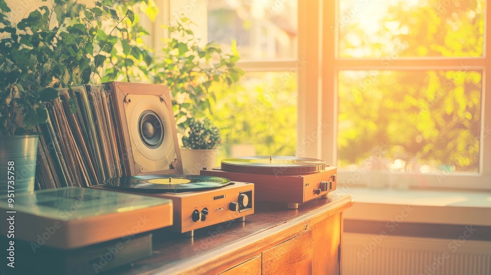 An 80s vintage lifestyle, with a pair of large speakers next to a stack ...