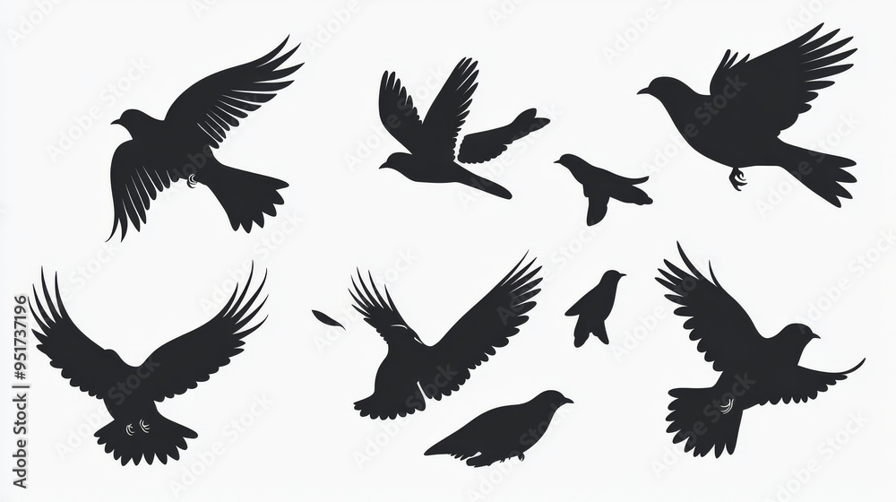 The silhouettes of flying pigeons are set on a white background. Modern illustration. The silhouettes of flying pigeons are set on a white background. Modern illustration.