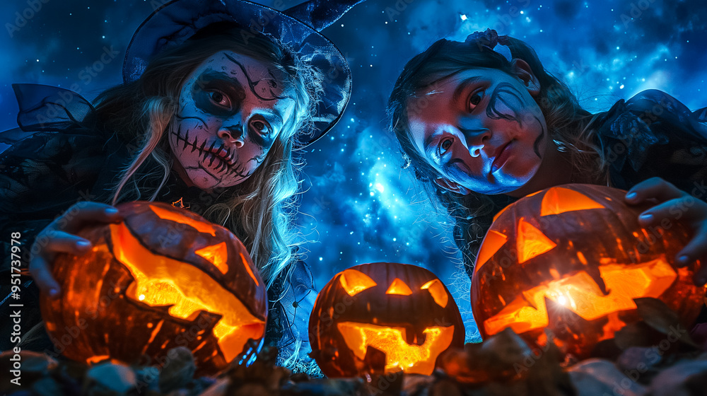 Two children dressed in Halloween costumes hold glowing carved pumpkins, surrounded by a starry sky. The festive atmosphere is enhanced by their playful expressions Two children dressed in Halloween costumes hold glowing carved pumpkins, surrounded by a starry sky. The festive atmosphere is enhanced by their playful expressions