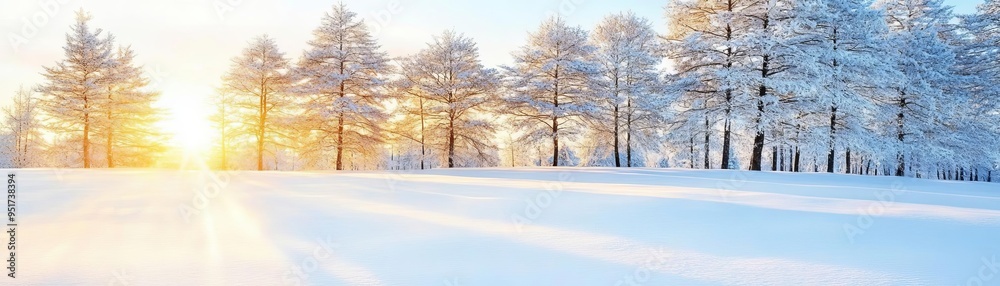 Snow-covered trees glowing at sunrise, casting soft golden hues across the snow, winter serenity Snow-covered trees glowing at sunrise, casting soft golden hues across the snow, winter serenity