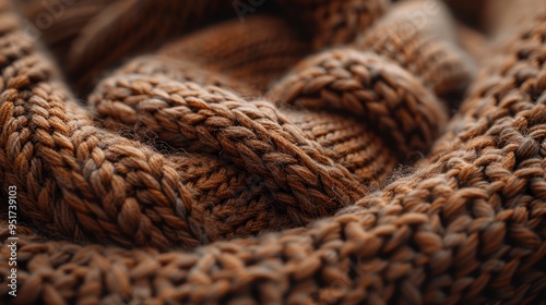 High-resolution close-up of a knitted wool sweater, focusing on the interlocking yarns and soft texture. The image highlights the warmth and comfort of the fabric.