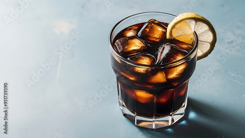 Fresh cola with ice cubes and lemon slices in a drinking glass against a light blue gray background, refreshing sweet caffeine drink, copy space, selected focus, narrow depth of field photo