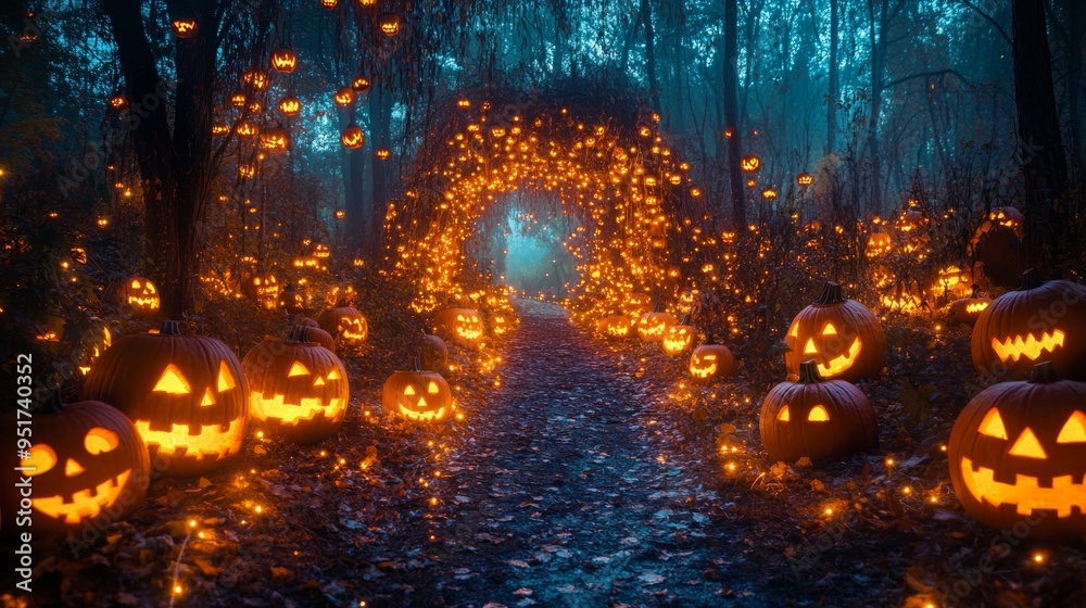 A winding forest path is adorned with glowing pumpkins, casting an eerie light amidst the dark trees, creating a spooky atmosphere perfect for Halloween. A winding forest path is adorned with glowing pumpkins, casting an eerie light amidst the dark trees, creating a spooky atmosphere perfect for Halloween.