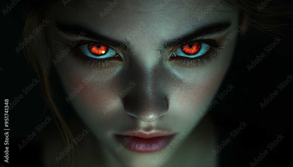 Woman's Face with Red Glowing Eyes and a Sinister Expression Woman's Face with Red Glowing Eyes and a Sinister Expression