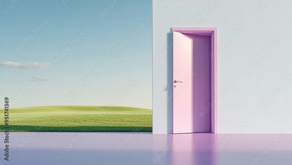 Pink door opening to endless grassy field with horizon light and shadow Pink door opening to endless grassy field with horizon light and shadow