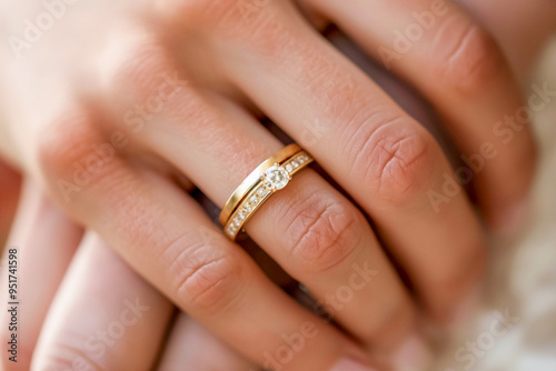 Close-up of two hands with wedding rings on white background. Generative AI