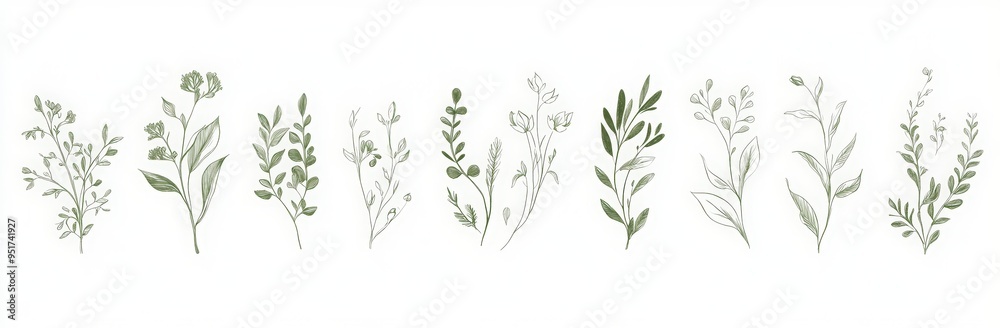 custom made wallpaper toronto digitalline art collection of botanical plants, flowers, and leaves in a continuous single stroke on a white background.