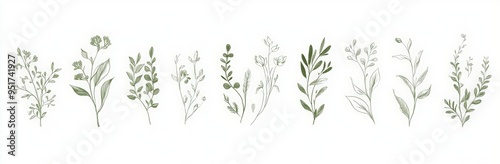 line art collection of botanical plants, flowers, and leaves in a continuous single stroke on a white background. 