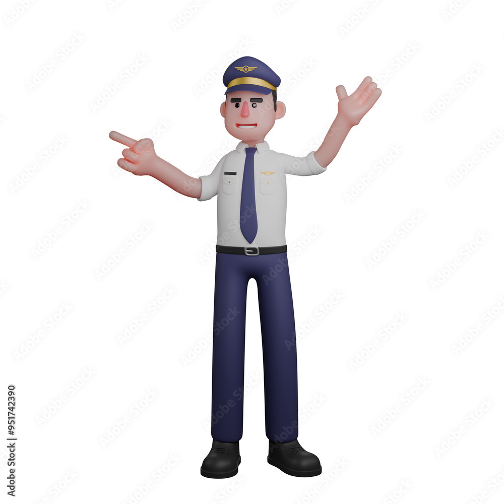 Male Commercial Pilot 3D. A pilot is standing with his left hand up while his right hand is pointing as if he is explaining something. Professional Illustration Male Commercial Pilot 3D. A pilot is standing with his left hand up while his right hand is pointing as if he is explaining something. Professional Illustration
