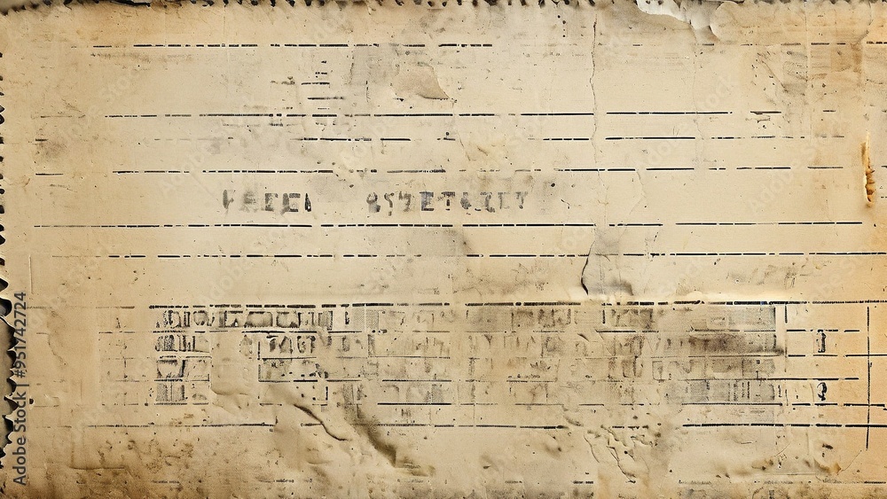 Fototapeta premium Close-up of an old, faded, and worn piece of paper with handwritten numbers and text.