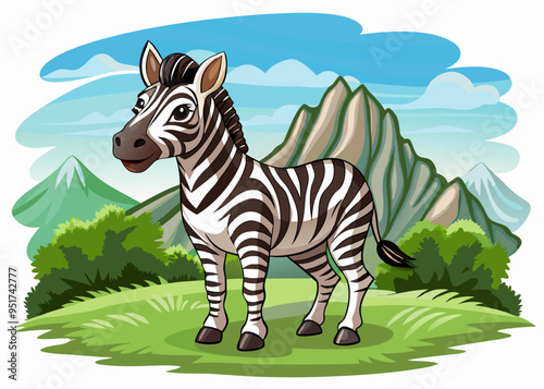 cartoon vector illustration of zebra animal, green field with mountains isolated background, countryside farm life