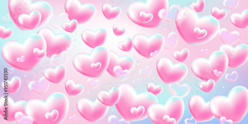 Dreamy gentle 3d hearts. Gradient horizontal background. Valentine's day, wedding. Vector stock illustration.