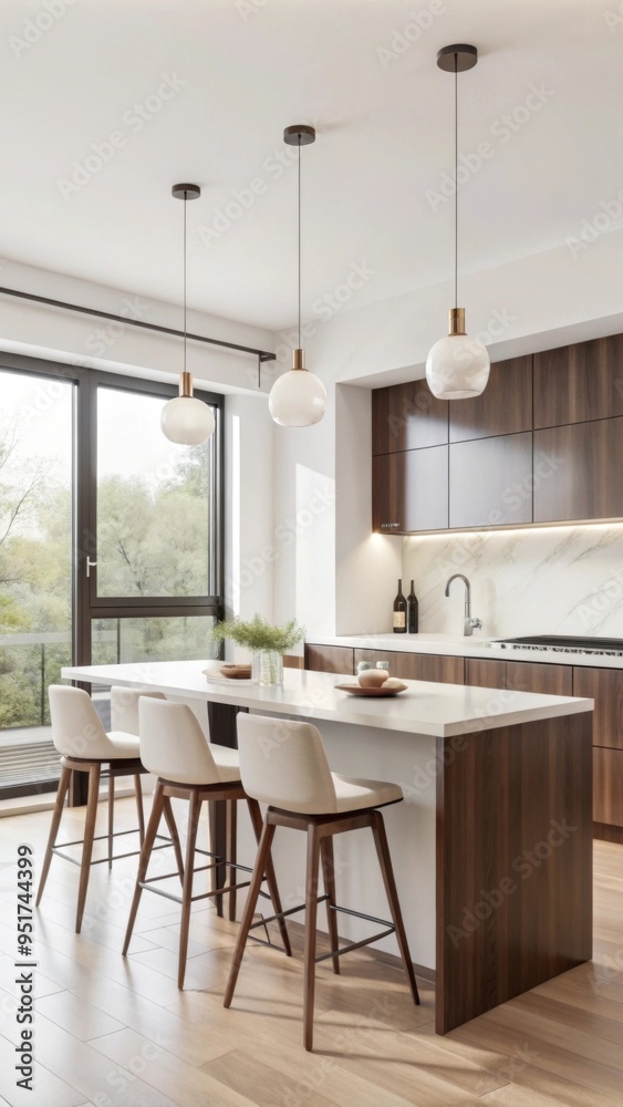Fototapeta premium A modern kitchen and dining area is designed with a clean, minimalist aesthetic.