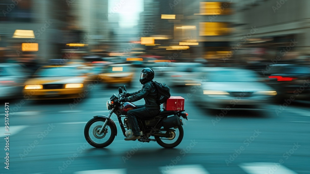 A motorcycle courier speeds through city traffic, efficiently delivering packages during the busy rush hour in an urban environment. A motorcycle courier speeds through city traffic, efficiently delivering packages during the busy rush hour in an urban environment.