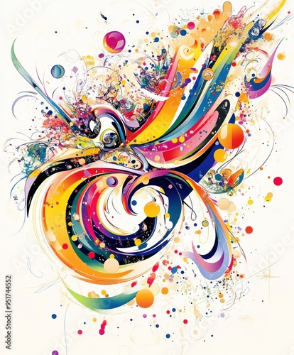 A vibrant abstract artwork featuring swirling colors and dynamic shapes.