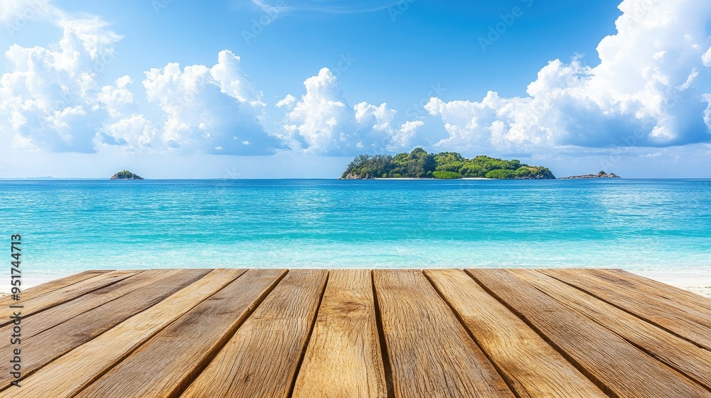 Fototapeta premium Wooden table on the background of the sea, island and the blue sky