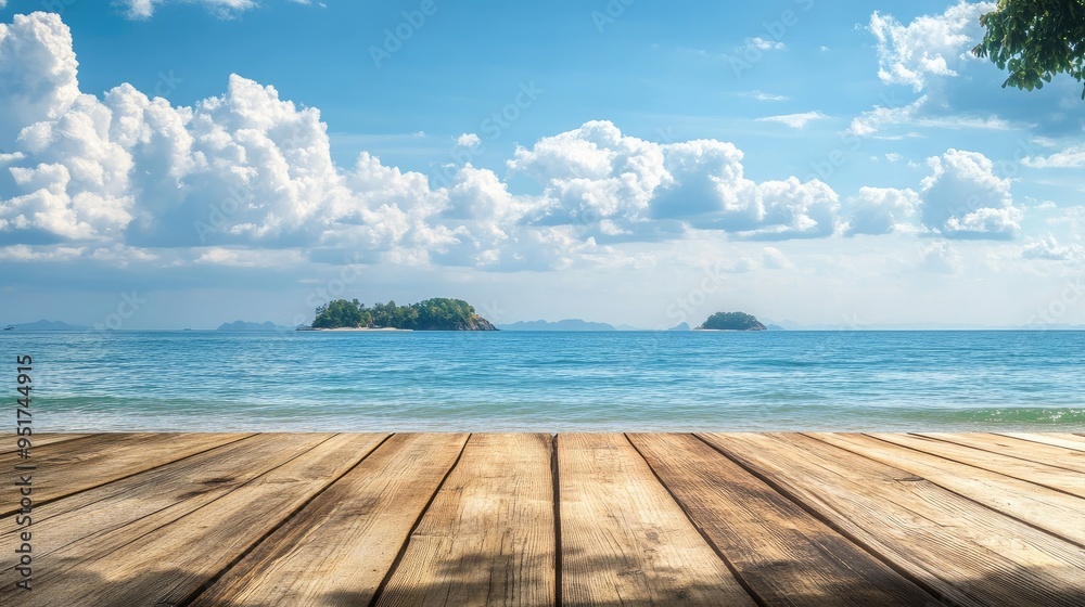 Fototapeta premium Wooden table on the background of the sea, island and the blue sky