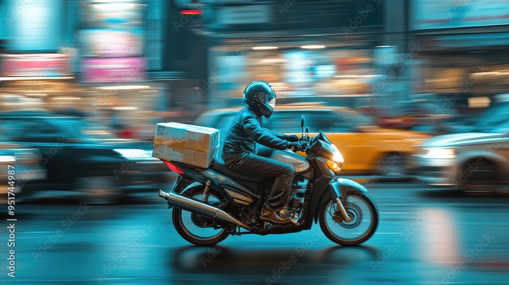 Fototapeta premium A motorcycle courier speeds through city traffic, efficiently delivering packages during the busy rush hour in an urban environment.