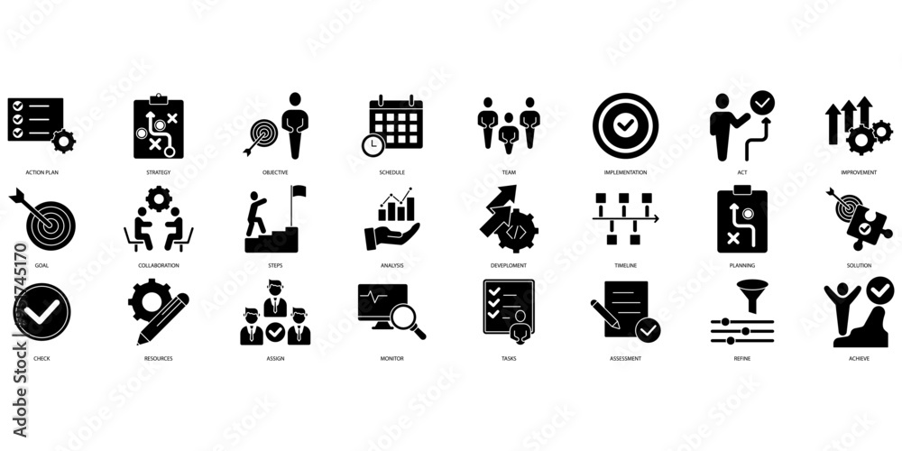 Action plan icons set. Set of editable stroke icons.Set of Action plan Action plan icons set. Set of editable stroke icons.Set of Action plan