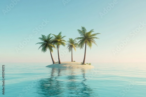 Summer travel alone on a sandy island with palm trees. 3D rendering.