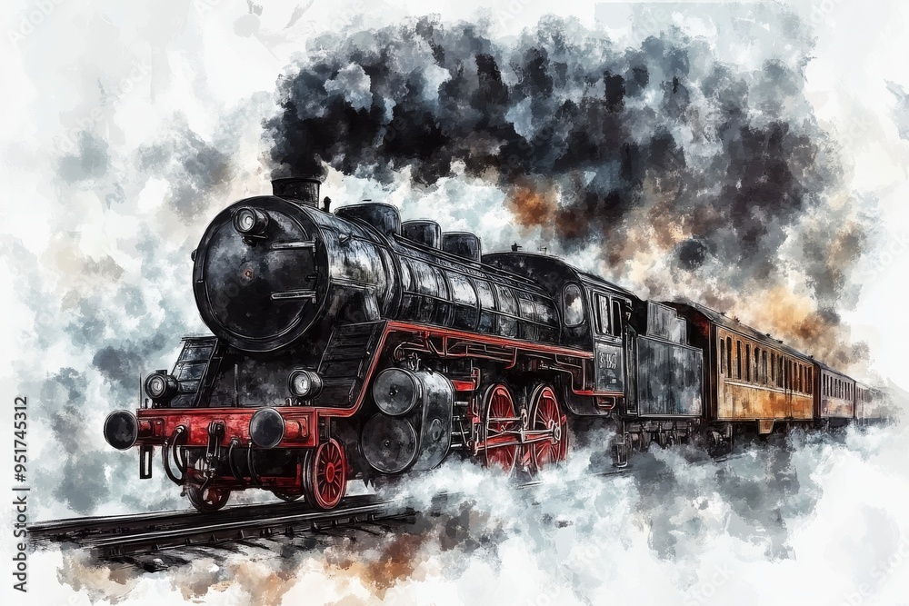 Fototapeta premium Hand drawn steam locomotive sketch. Modern illustration design.
