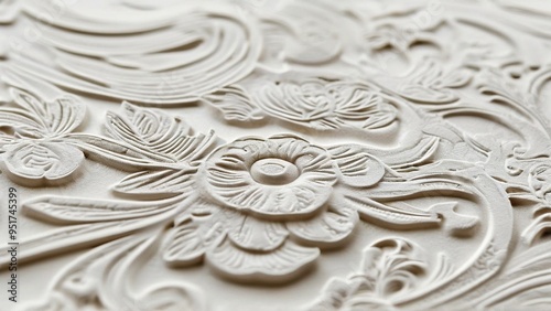 Close-up of intricate floral design carved in white plaster.