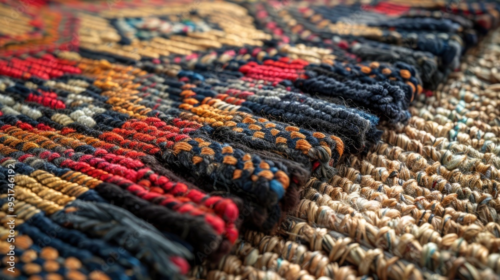 Macro shot of a woven rug, focusing on the textured surface and intricate patterns. The image emphasizes the craftsmanship and cultural significance of the rug.