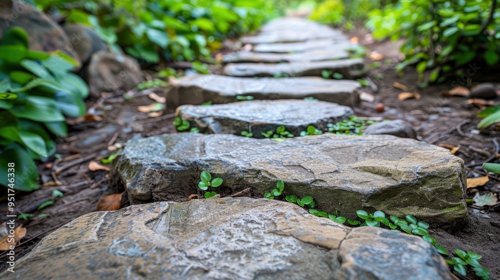 Naklejka premium Close-up of a stone pathway, revealing the rough and uneven texture of the stones. The image highlights the rustic and timeless charm of the pathway.