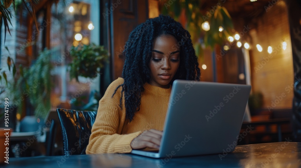 Woman Working on Laptop in Cafe