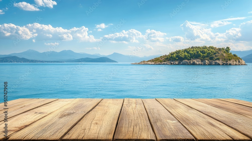 Wooden table on the background of the sea, island and the blue sky