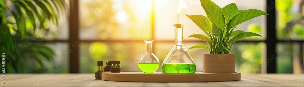 Beautiful laboratory setup with green liquids in glass flasks, surrounded by vibrant plants and soft natural light. Beautiful laboratory setup with green liquids in glass flasks, surrounded by vibrant plants and soft natural light.