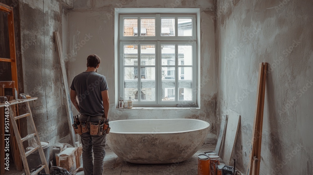 Fototapeta premium Renovation of a bright and modern bathroom by a man