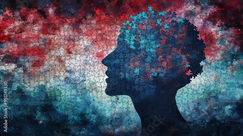 A jigsaw puzzle of human head with pieces representing emotional intelligence and communication skills. photo