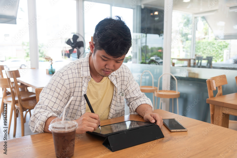 Lifestyle man using smart phone and tablet computer to work with financial data in the work space. Business Concept Lifestyle man using smart phone and tablet computer to work with financial data in the work space. Business Concept