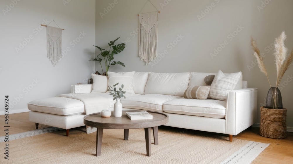 Modern Living Room Interior with White Sectional Sofa and Wooden Coffee Table. Modern Living Room Interior with White Sectional Sofa and Wooden Coffee Table.