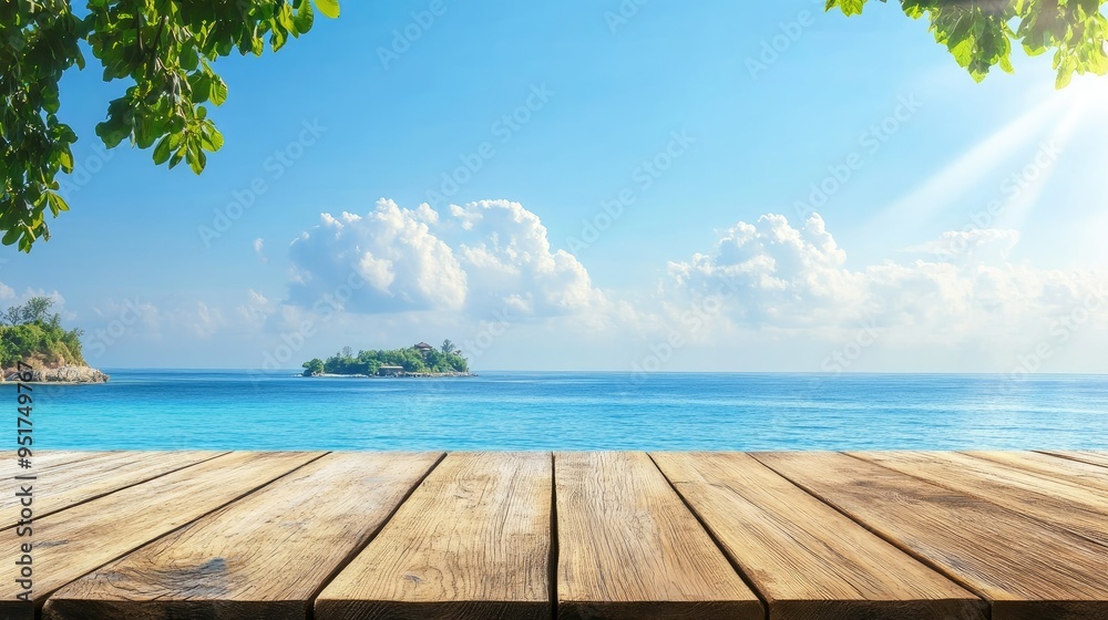 Fototapeta premium Wooden table on the background of the sea, island and the blue sky