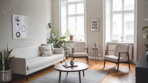 Wallpaper Mural Minimalist Living Room Interior Design with White Sofa and Armchairs. Torontodigital.ca